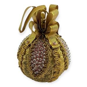 Vintage 1960s/70s Handmade Beaded Gold Metallic Glittered Ornament Pink Accents